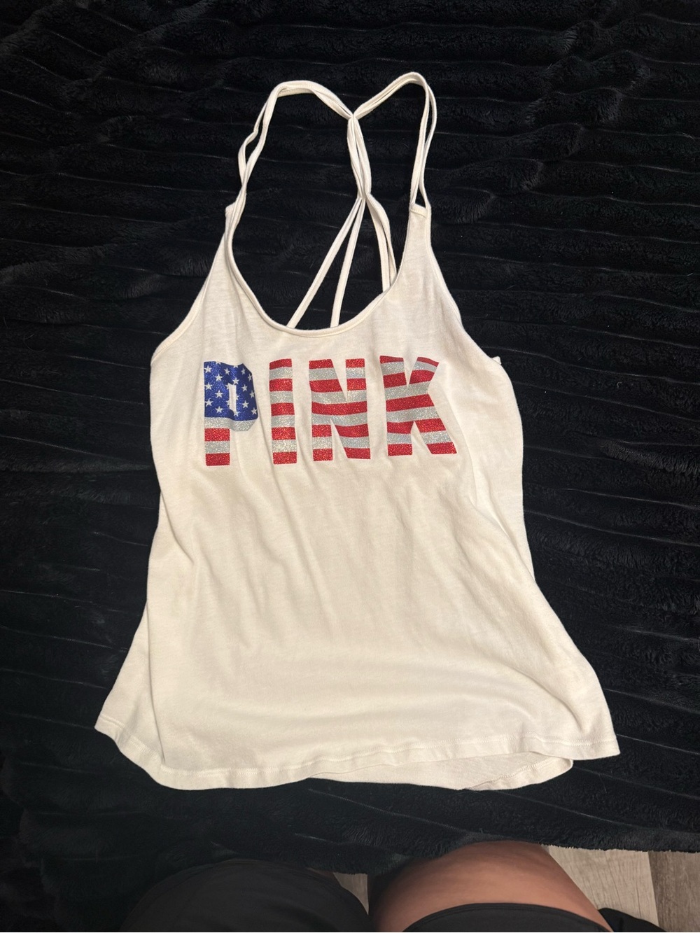 PINK Victoria's Secret Cream Strappy Tank with American Flag Graphic